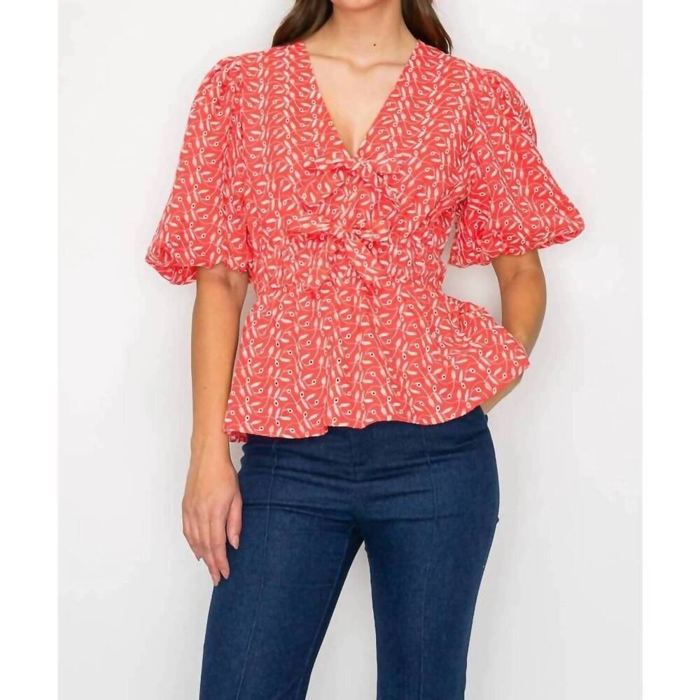 NEW LOVE WEDNESDAY embroidery peplum top in red